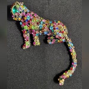 Multicolor Rhinestone Leopard Brooch Moveable Tail